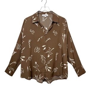 En Saison Brow White Shell Print Women’s Flowy Oversized Button Down Shirt Sz S